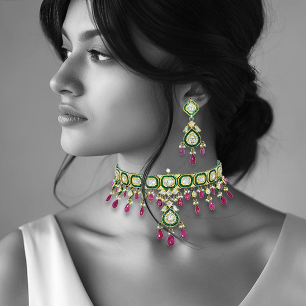 Polki Choker Set with Green Enamel, Tourmaline, and Pearls